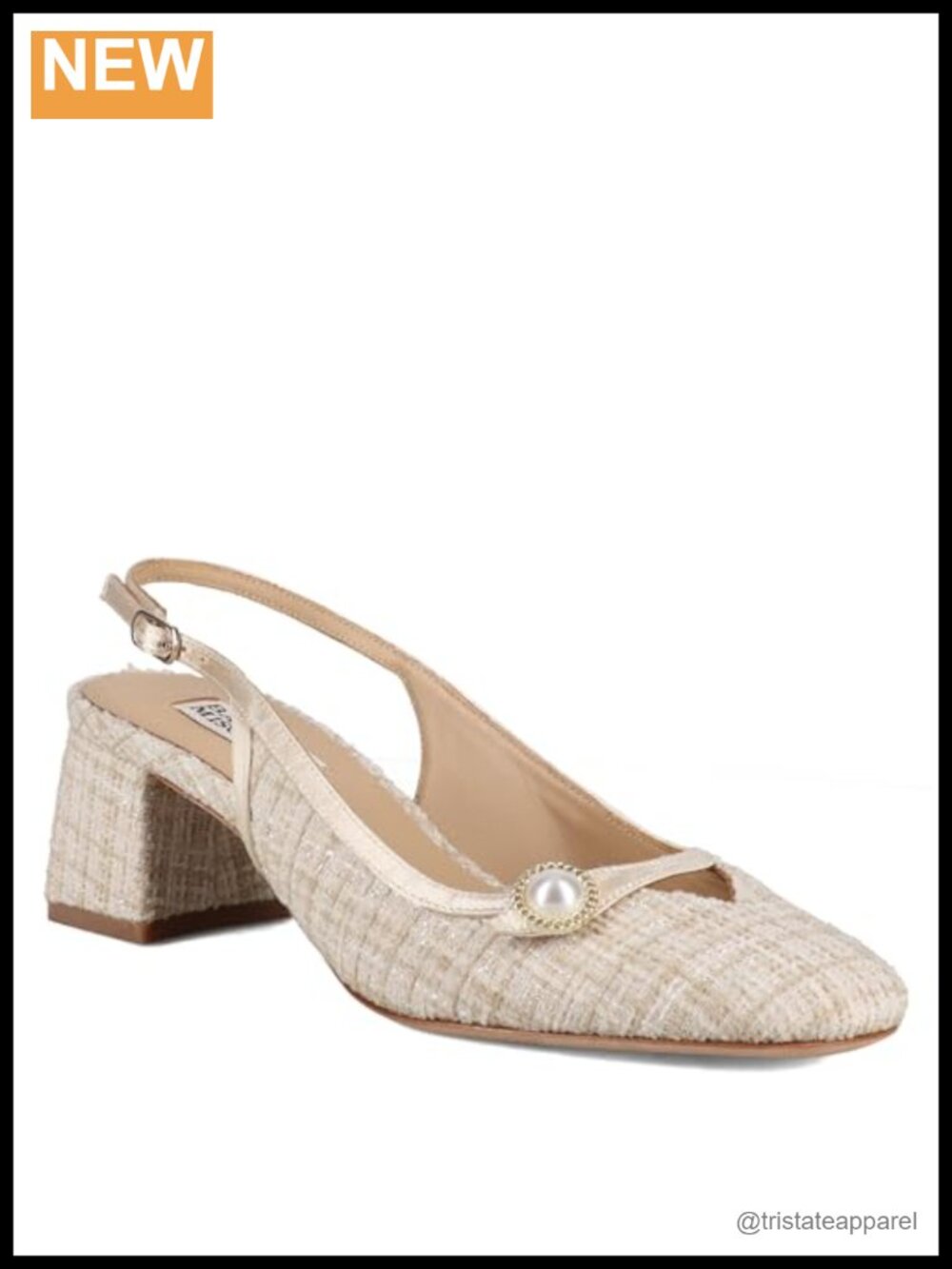 Wool Block Heel Round Toe Pump with Faux Pearl Detail